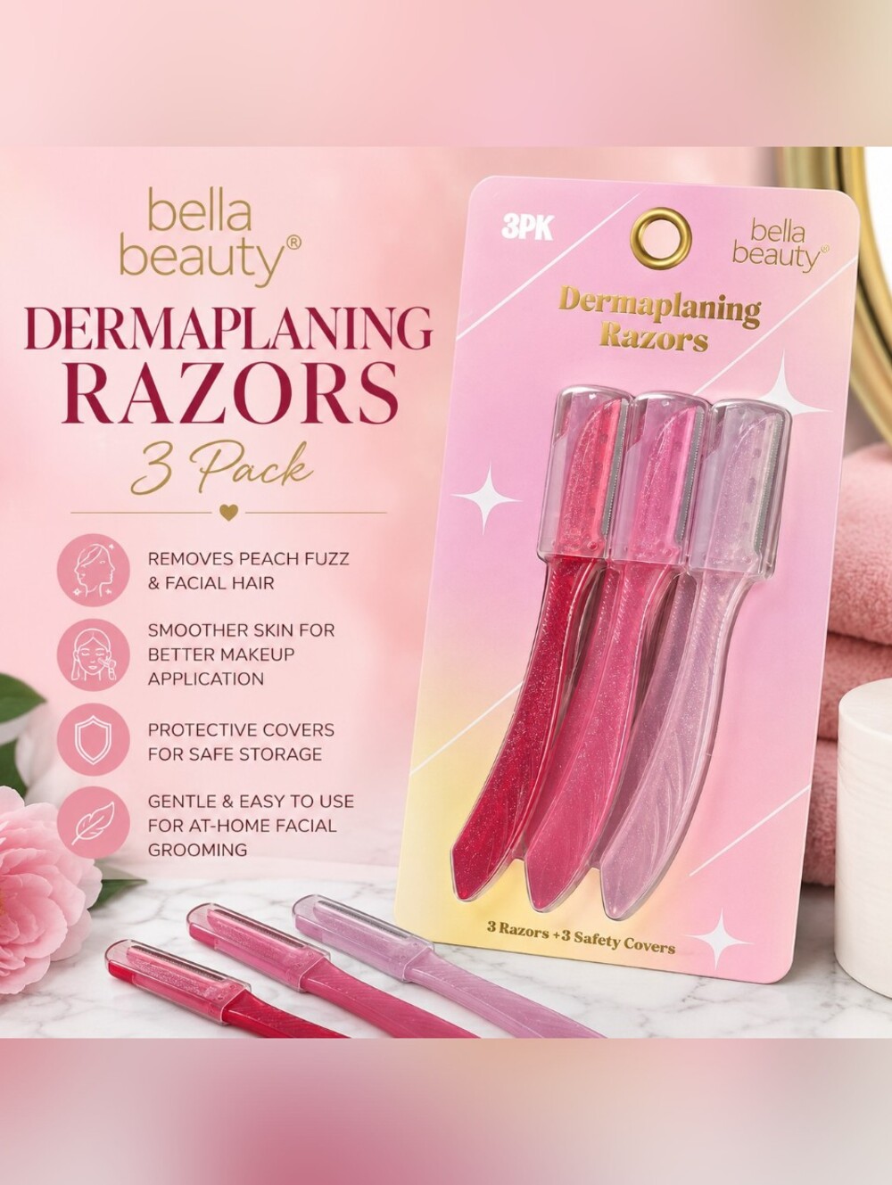 💜 Bella Beauty Dermaplaning Razors 3 Pack Facial Hair Removal Razors NWT